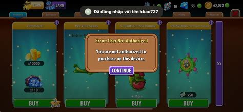 Error message when trying to purchase items PvZ2 .